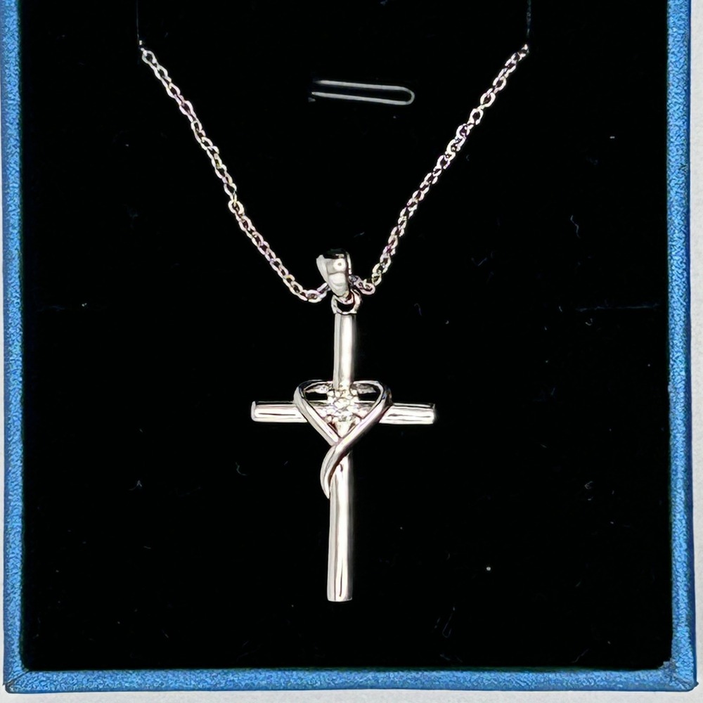 AmorAime Sterling Silver 925 Infinity Heart Cross Pendant Necklace CZ Accent New